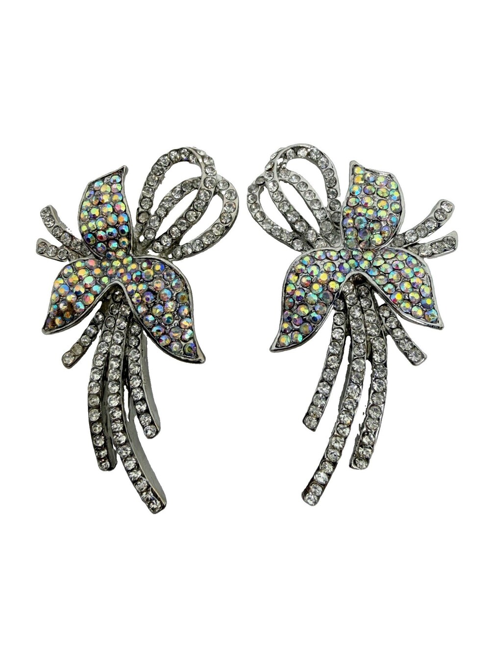 Vintage MUSI Style Rhinestone Shoe Clips Aurora Borealis AN Crystal Bow Cascade